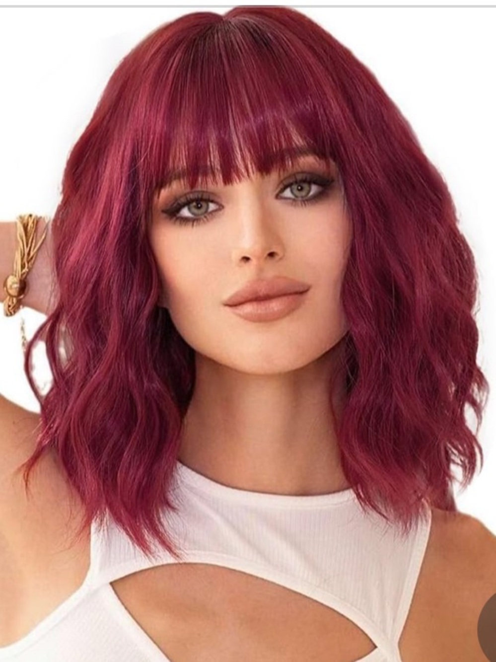 Short Wavy Bob Wig with Blunt Bangs in Burgundy